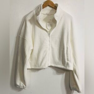 Locryz women’s soft Sherpa coat jacket zip cropped stand up collar white. M